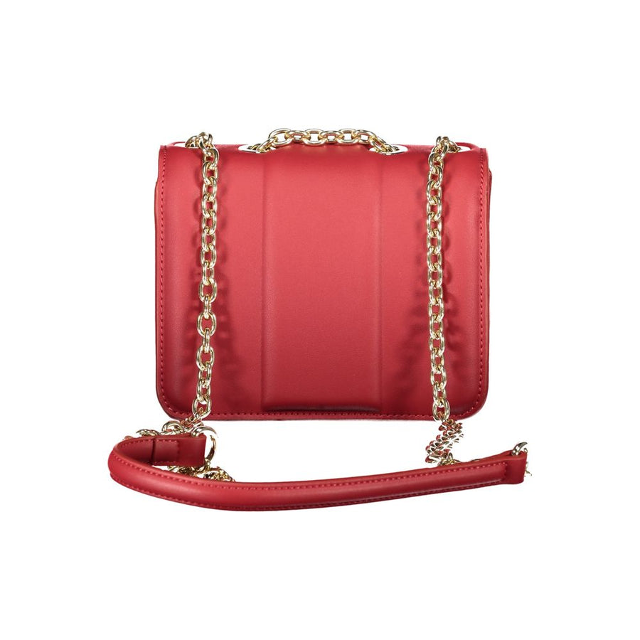 Red polyurethane Valentino shoulder bag with gold chain strap and embossed front logo
