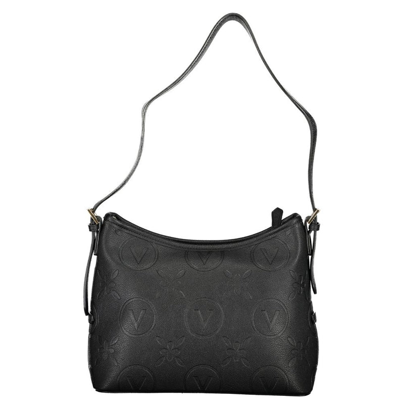Black polyurethane shoulder bag with debossed logo pattern
