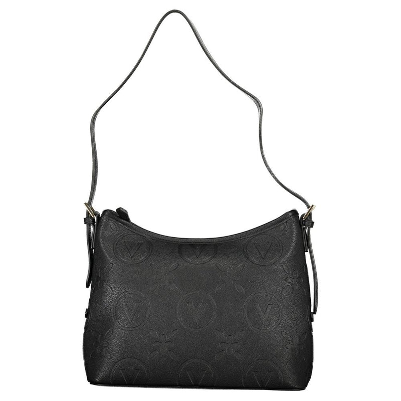 Black polyurethane shoulder bag with embossed logo pattern and a thin strap
