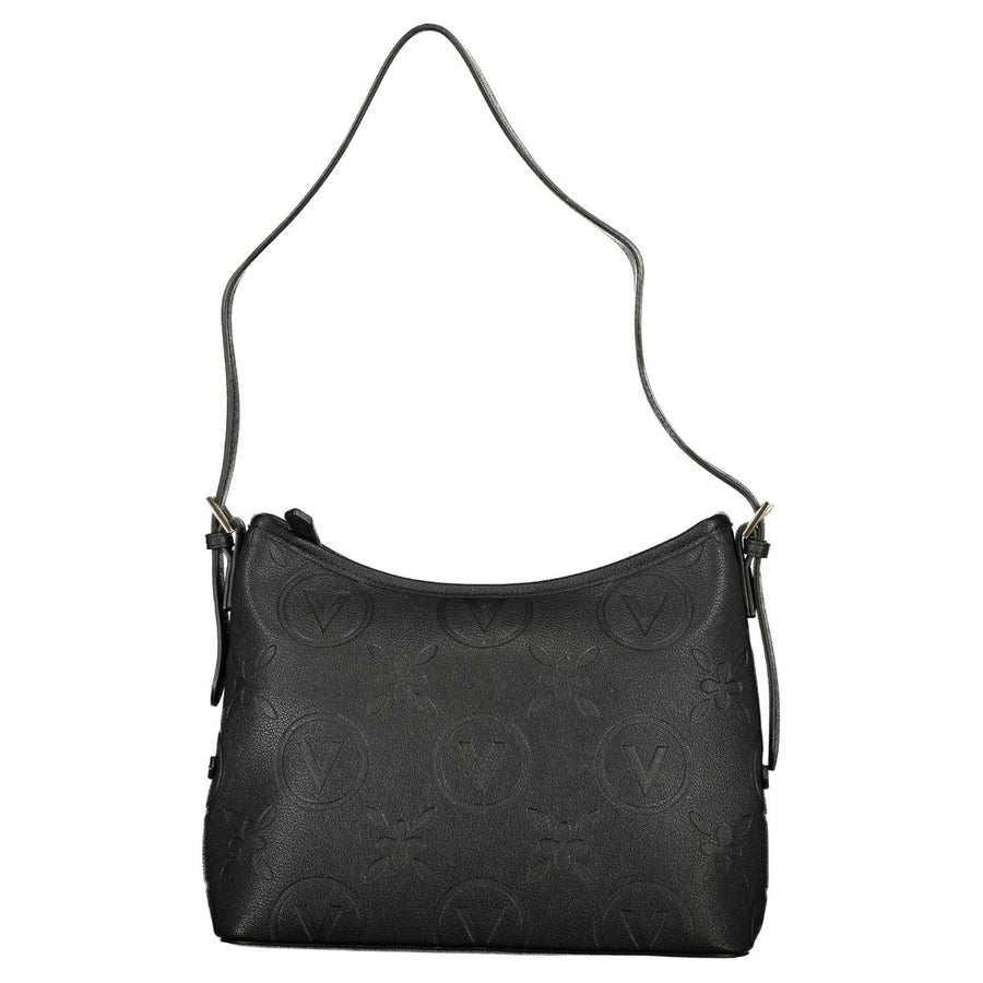 Black polyurethane shoulder bag with debossed logo pattern