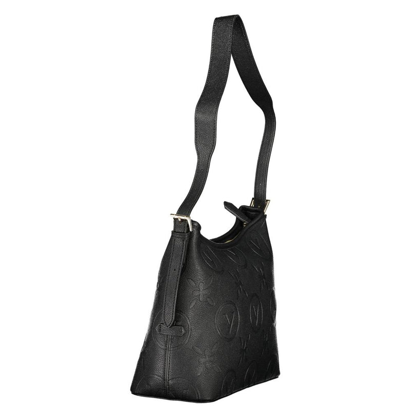 Black polyurethane shoulder bag with debossed pattern and shoulder strap