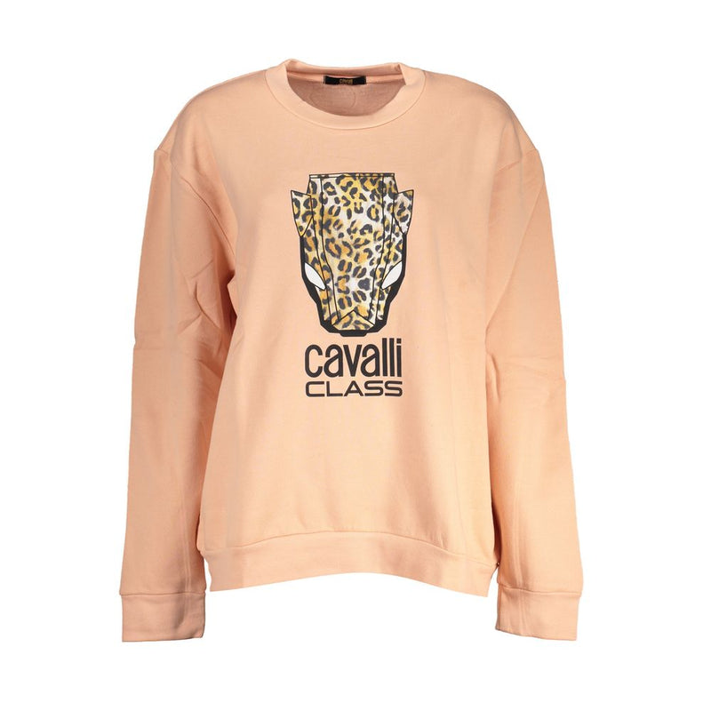 Peach pink polyester crewneck sweatshirt featuring a leopard print animal head graphic and black Cavalli Class text