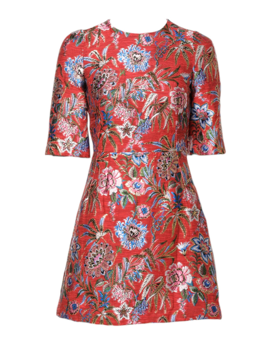 Red floral jacquard a-line mini dress with elbow-length sleeves