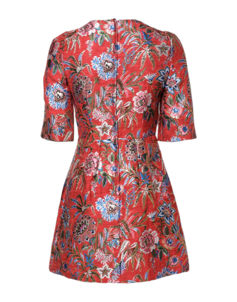 Red floral jacquard A-line mini dress with short sleeves shown from the back