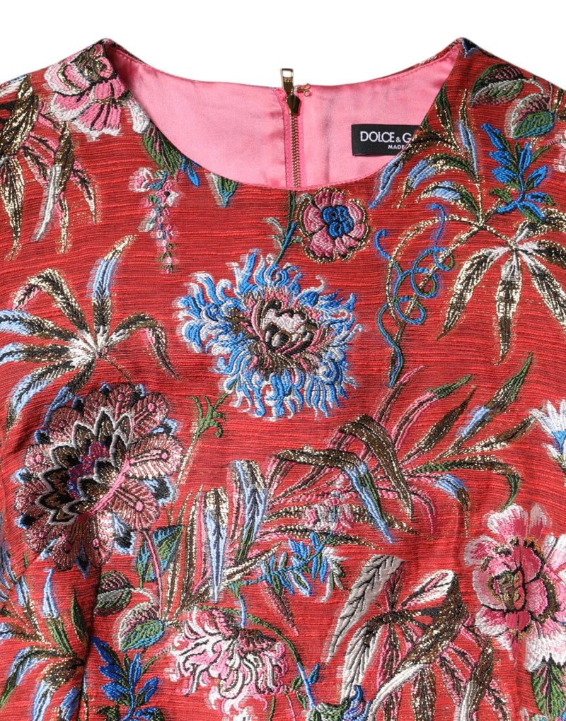 Red floral jacquard mini dress with multicolor embroidered flowers and a round neckline