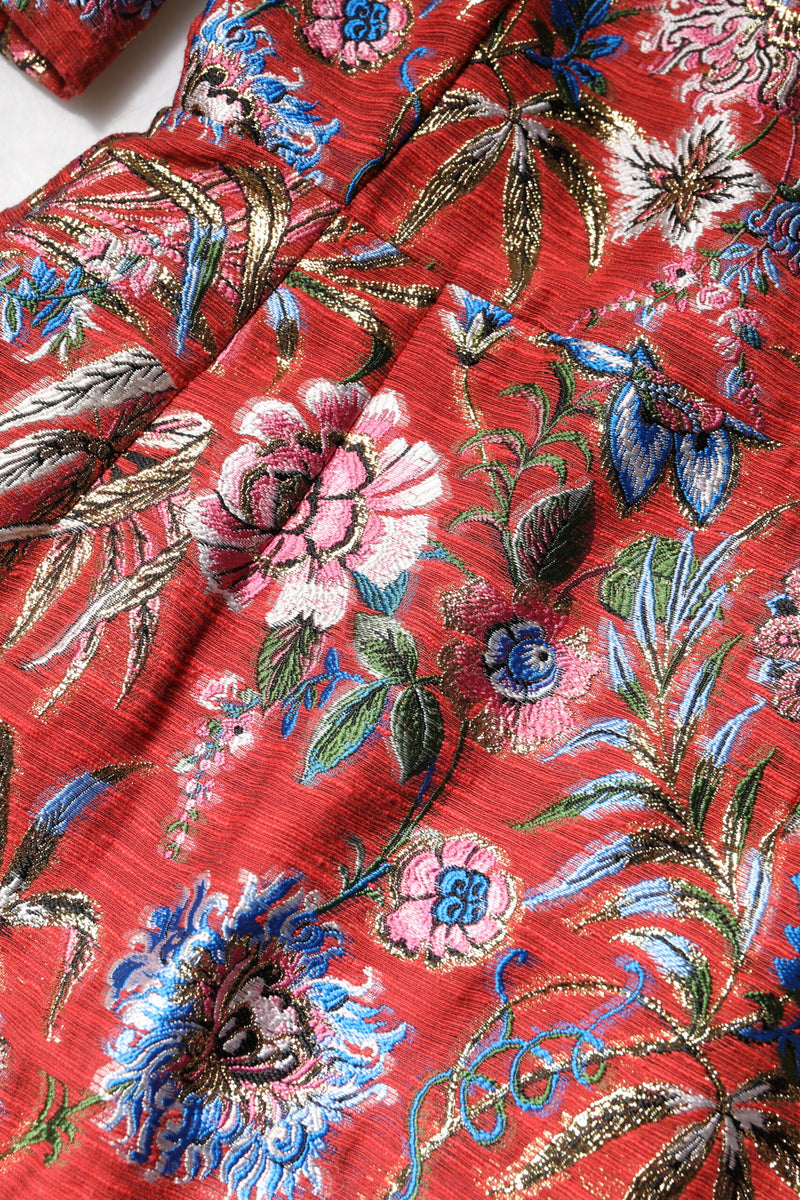 Red floral jacquard mini dress with metallic threads and colorful embroidered blooms