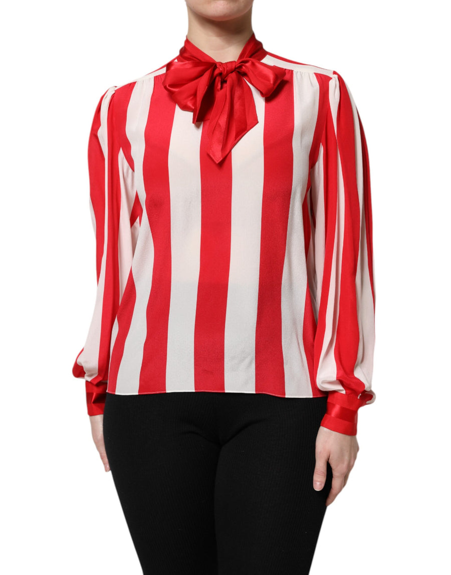 Red and white striped silk blouse with long sleeves and an ascot tie collar