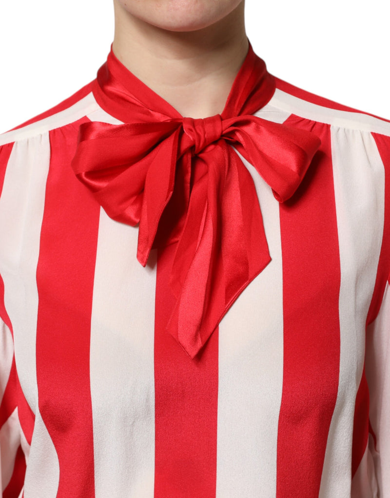 Red and white striped silk blouse featuring a tied ascot collar