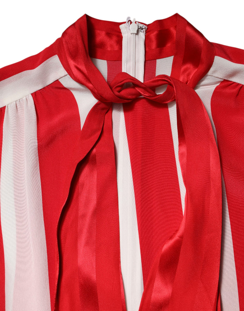 Dolce and Gabbana red and white striped silk ascot collar blouse with back zip closure