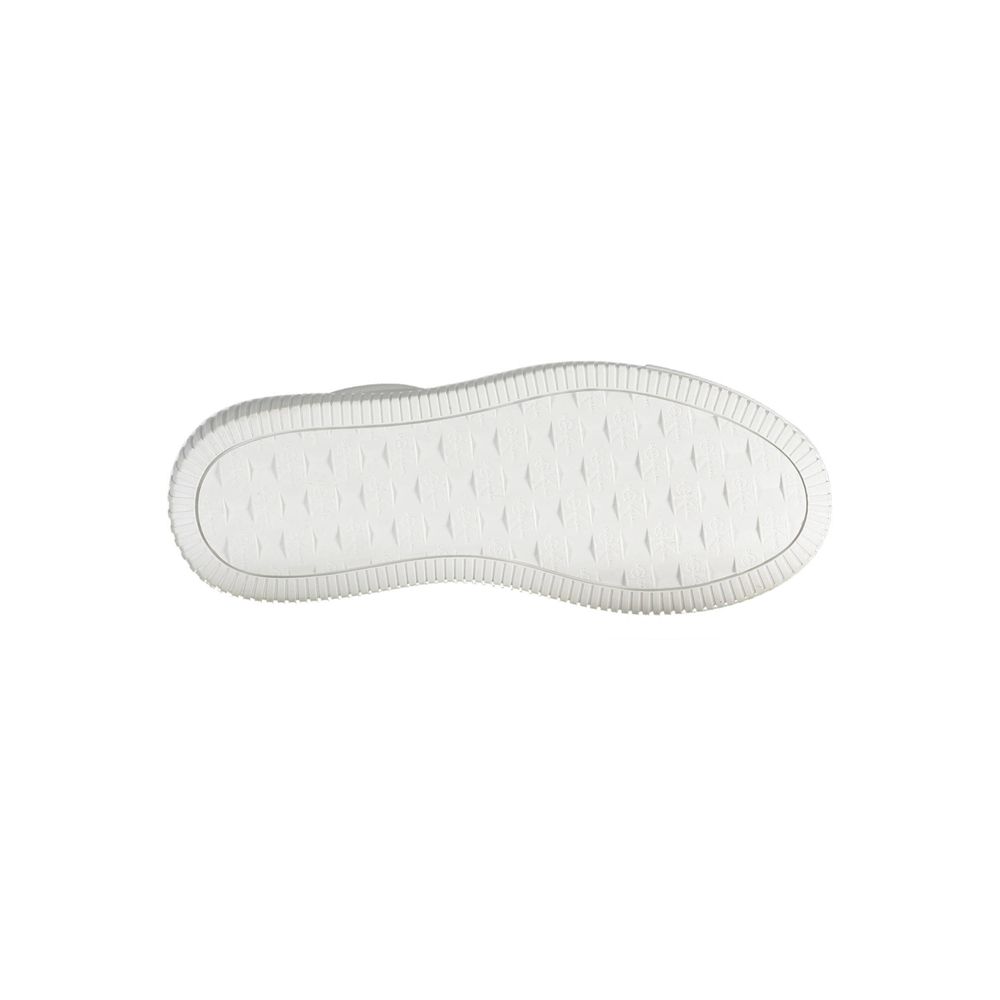 Bottom view of a white Calvin Klein Bianco women's leather sneaker with a textured rubber traction sole.