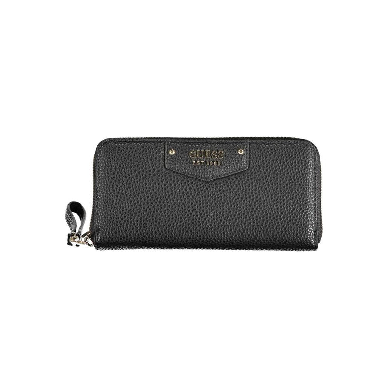 Black polyurethane women wallet with textured finish and gold-tone logo