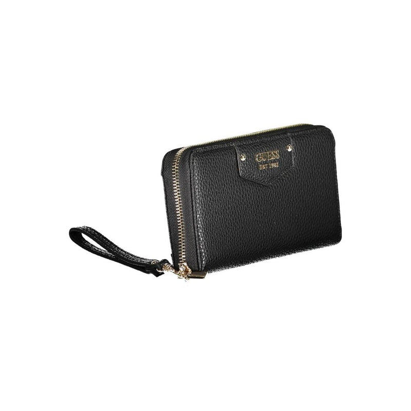 Black polyurethane zip-around wallet with a wrist strap and gold logo hardware