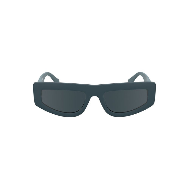 Dark blue rectangular plastic sunglasses with thick frames and tinted lenses