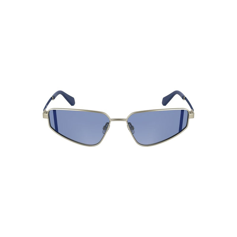 Silver metal women sunglasses with narrow rectangular blue tinted lenses and blue arms