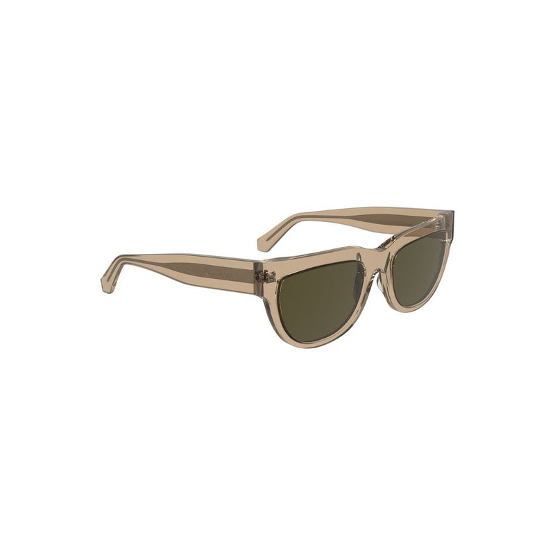 Translucent brown acetate sunglasses with chunky frames and dark lenses