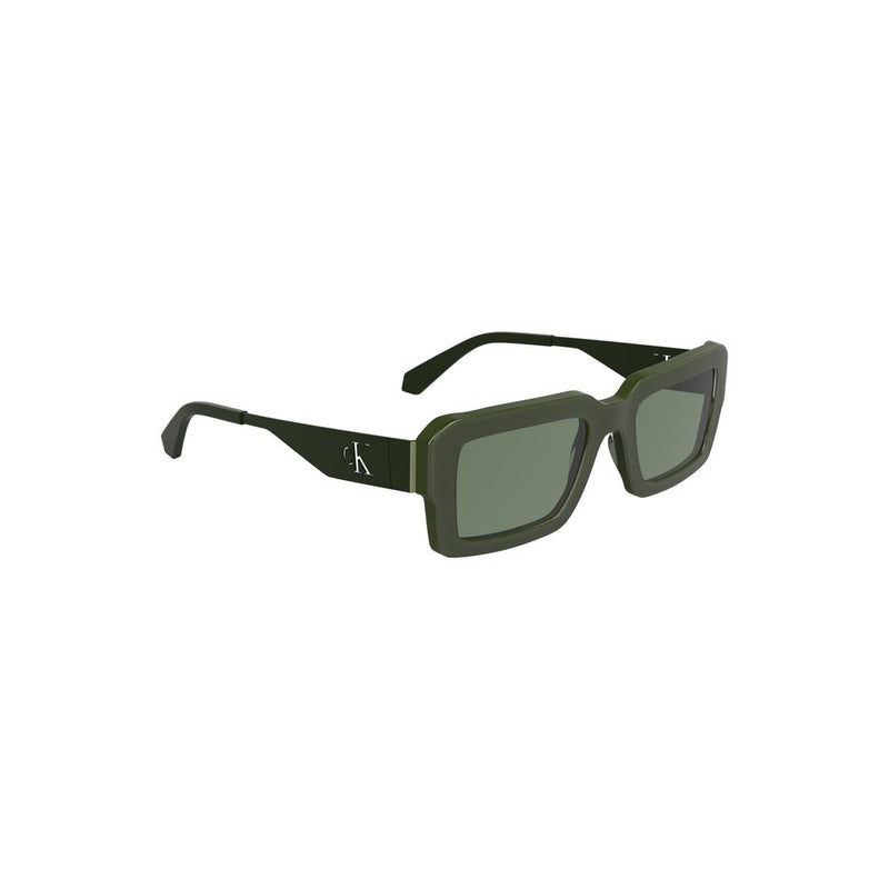 Olive green acetate rectangular sunglasses with thick frames and tinted lenses