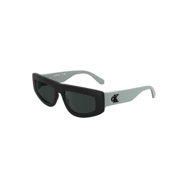 Calvin Klein black bio plastic women sunglasses with chunky frames and light grey temples featuring a black cK logo