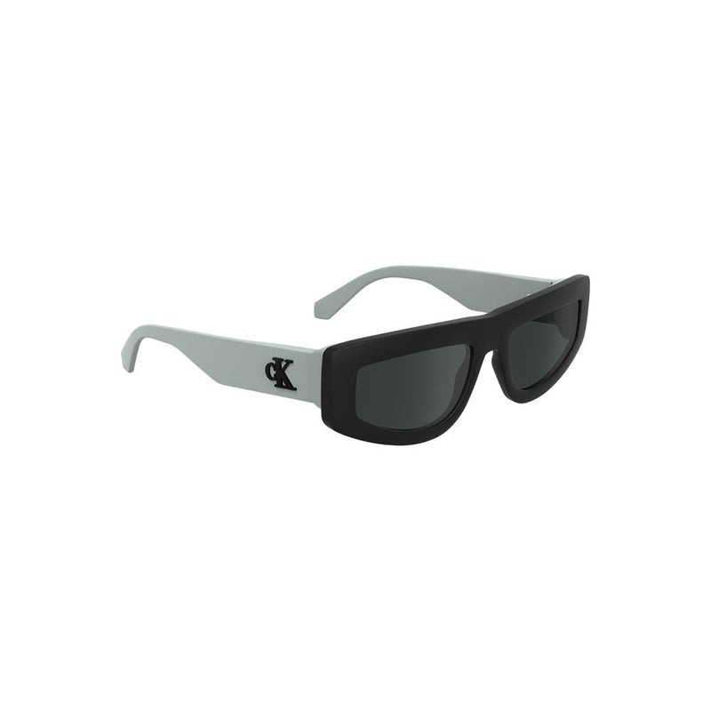 Black and light grey plastic sunglasses with dark lenses and a bold chunky frame