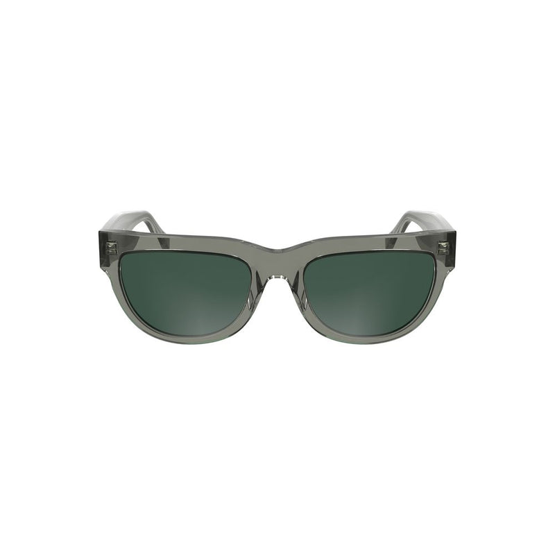 Translucent grey acetate women's sunglasses with bold frames and dark green lenses