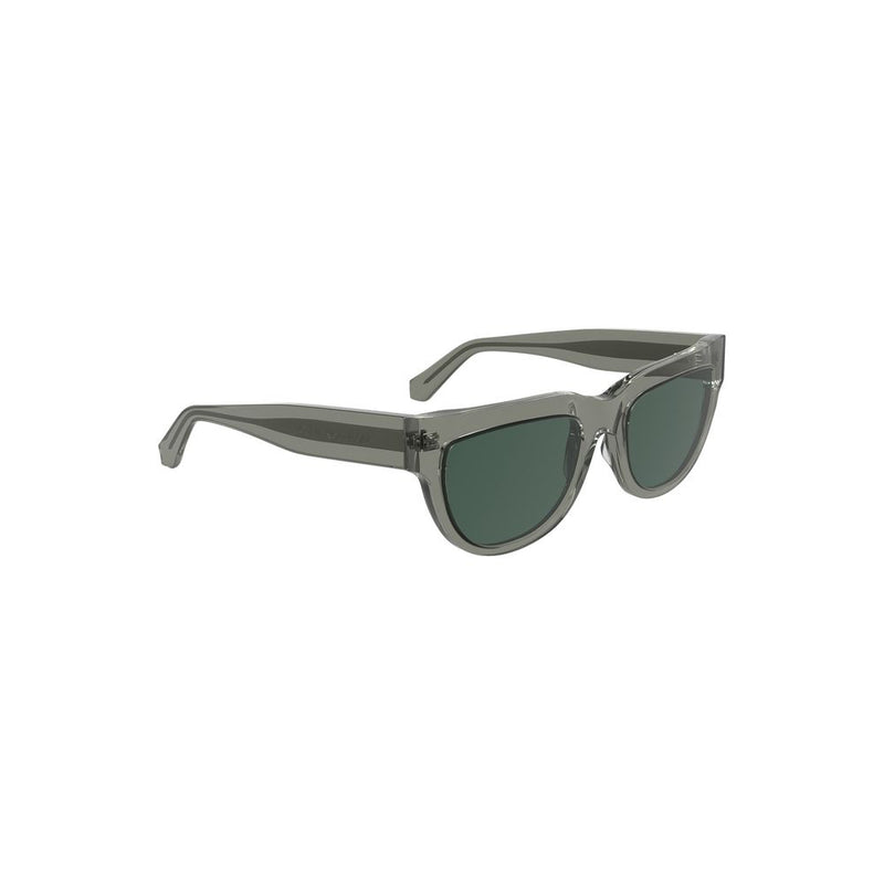Grey acetate sunglasses with thick frames and dark green lenses