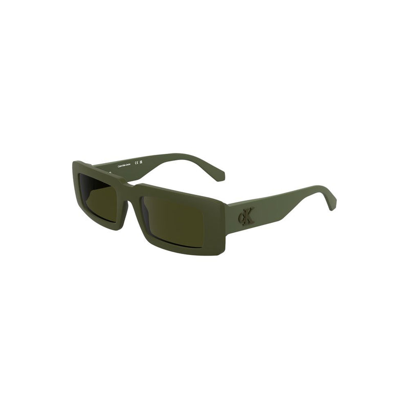 Matte olive green rectangular bio acetate sunglasses with tinted lenses and side logo details