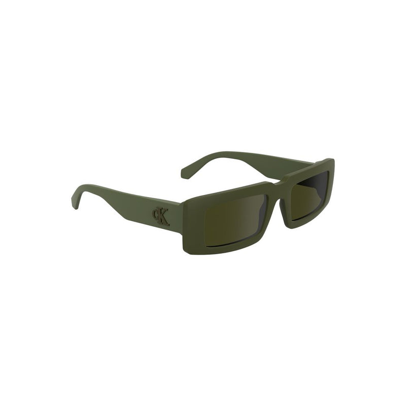 Matte olive green rectangular plastic sunglasses with tinted lenses and thick temples featuring the CK logo