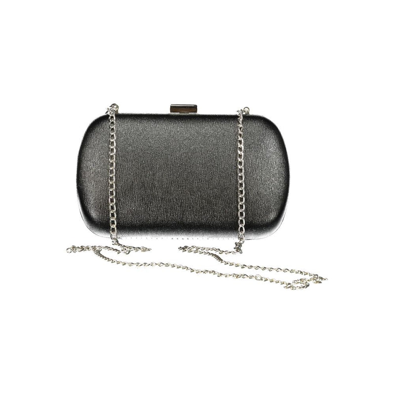 Black polyurethane clutch handbag with a silver chain strap