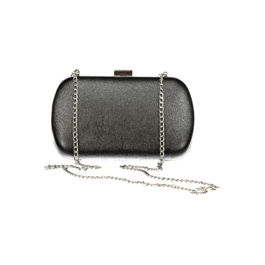 Black polyurethane structured clutch handbag with silver Valentino logo and clasp closure
