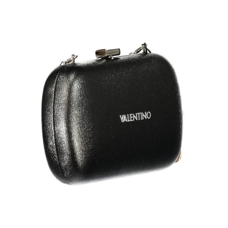 Black polyurethane structured clutch handbag with silver clasp and chain strap