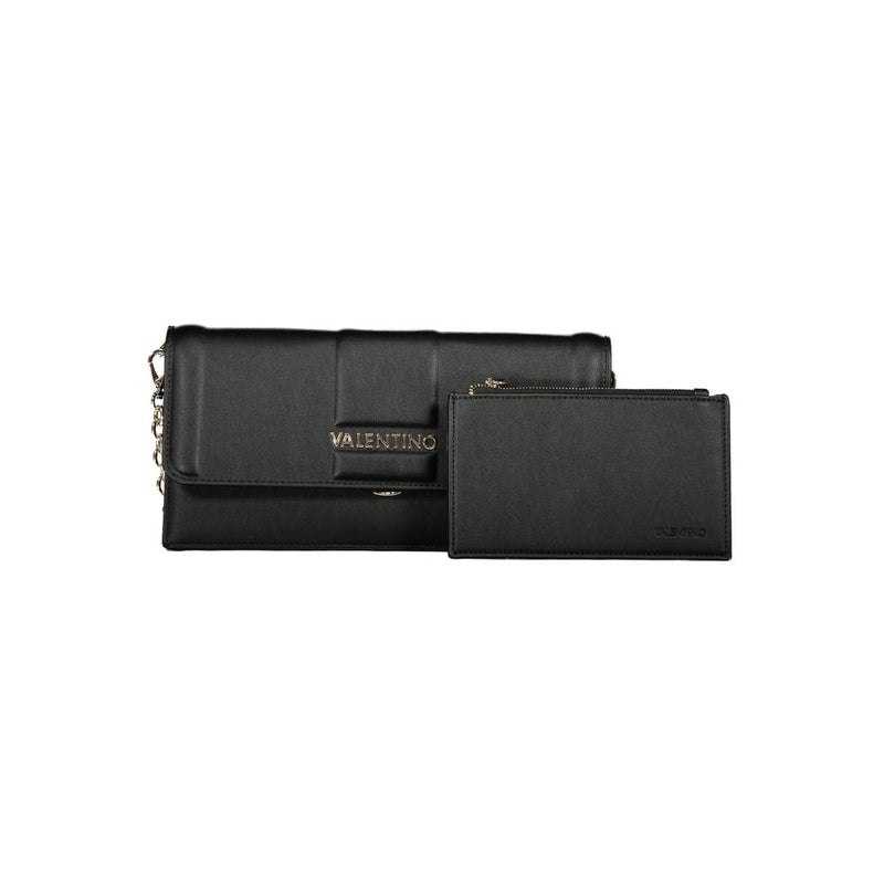 Black polyurethane women's shoulder bag with matching coin purse and gold Valentino logo