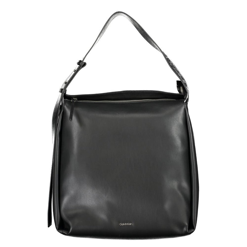 Black Calvin Klein polyester shoulder bag with a single strap and a top zip closure