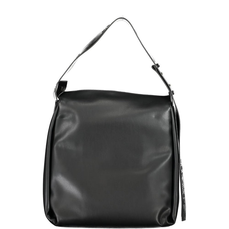 Black polyester shoulder bag with a single strap and foldover flap
