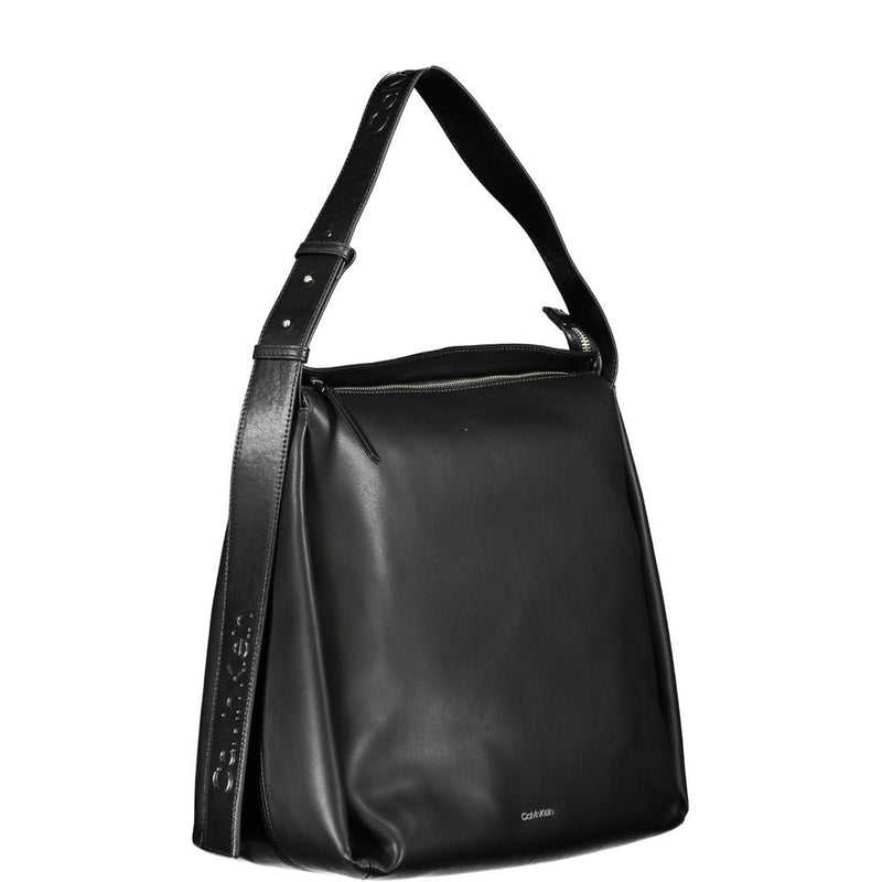Black polyester shoulder bag with a slouchy style and thick logo strap