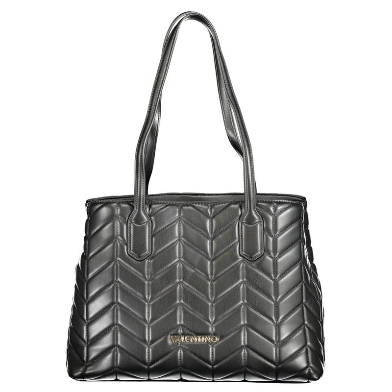 Black polyurethane quilted shoulder bag with chevron pattern and dual straps
