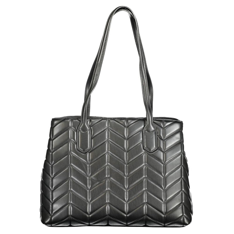 Black polyurethane women's tote bag with chevron quilted pattern and shoulder straps