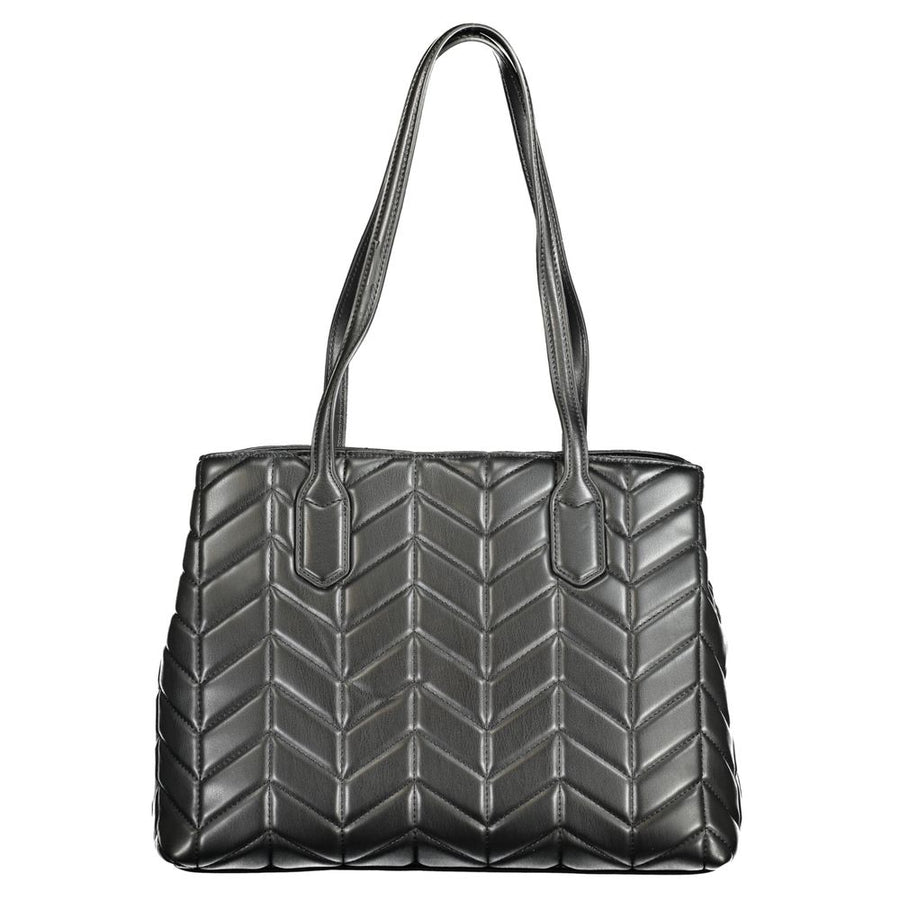 Black polyurethane quilted shoulder bag with chevron pattern and dual straps