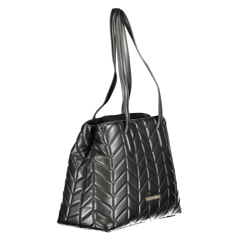 Black polyurethane quilted shoulder bag with dual straps and chevron pattern