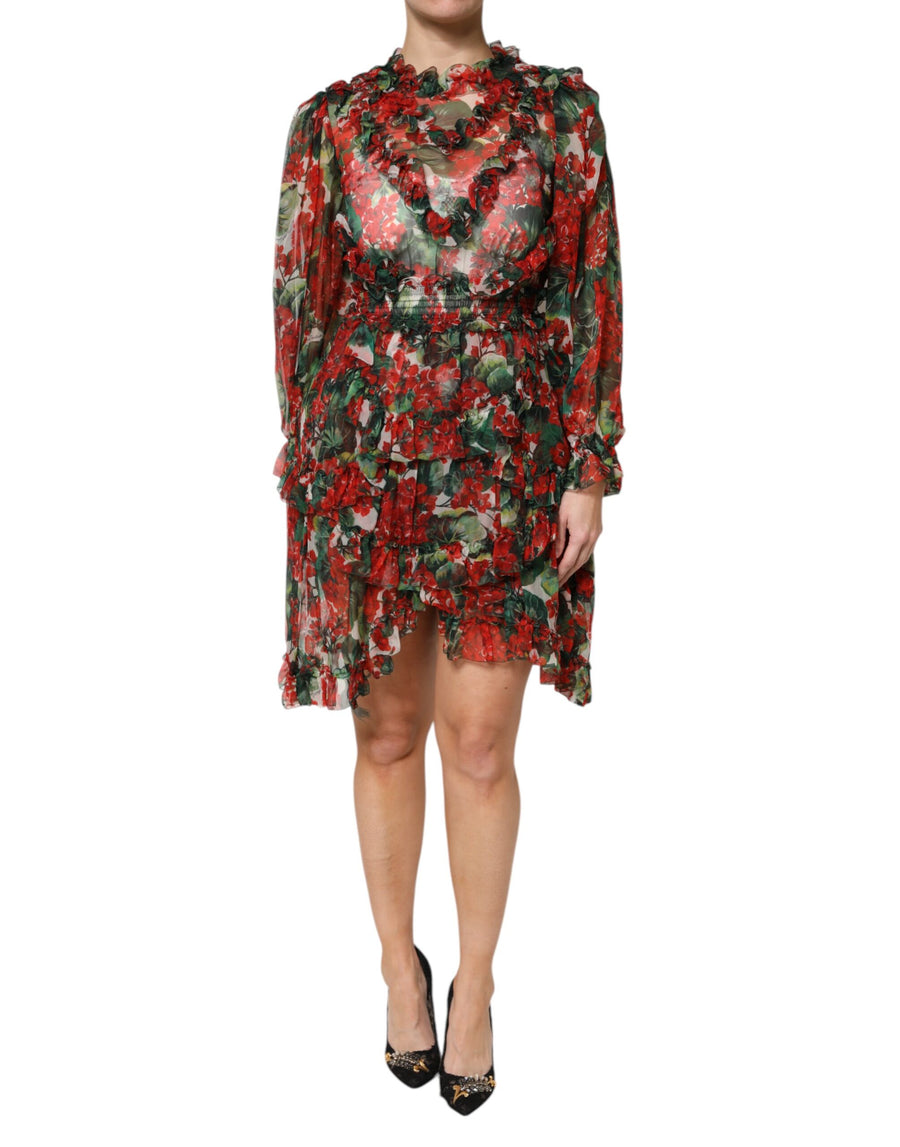 Red floral sheer silk long sleeve dress with ruffled tiers and high neck