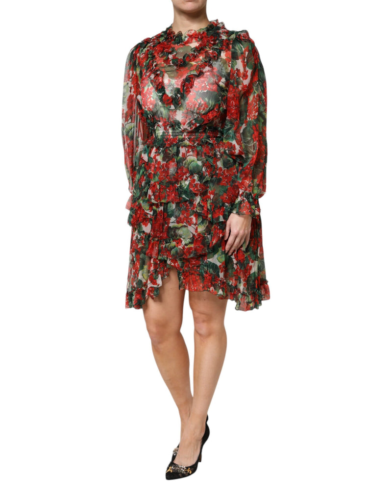 Dolce & Gabbana multicolor silk floral long sleeve dress with ruffles