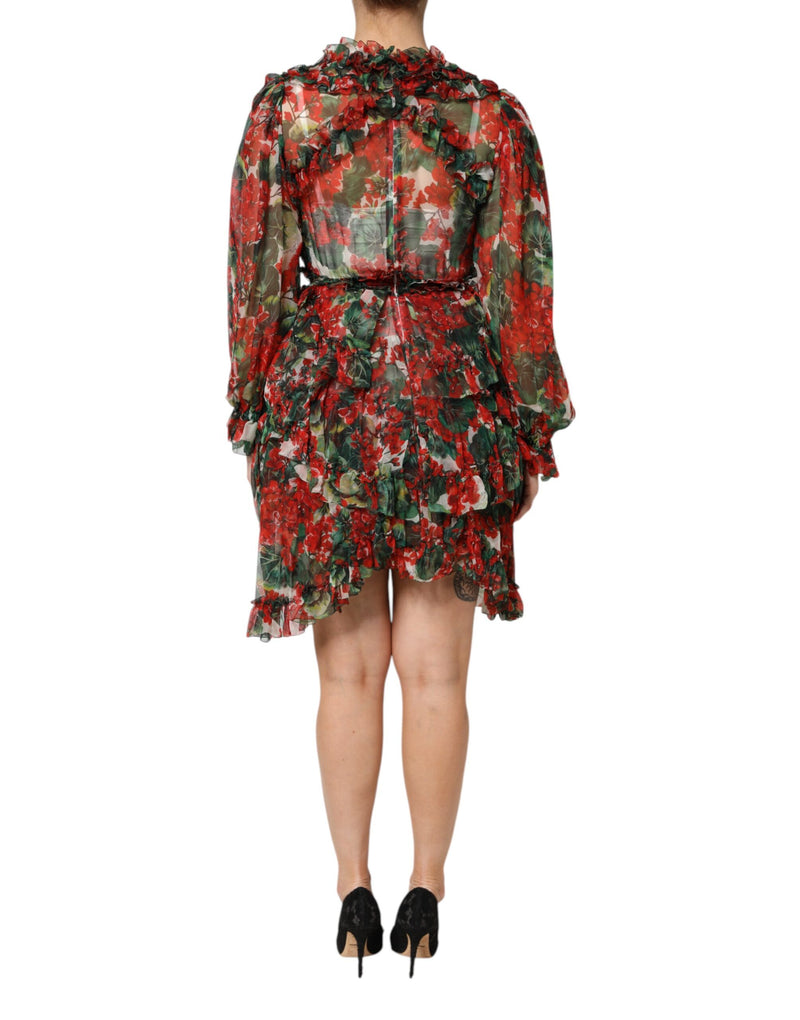 Dolce & Gabbana long-sleeve red floral silk dress with tiered ruffles and high neckline worn with black heels