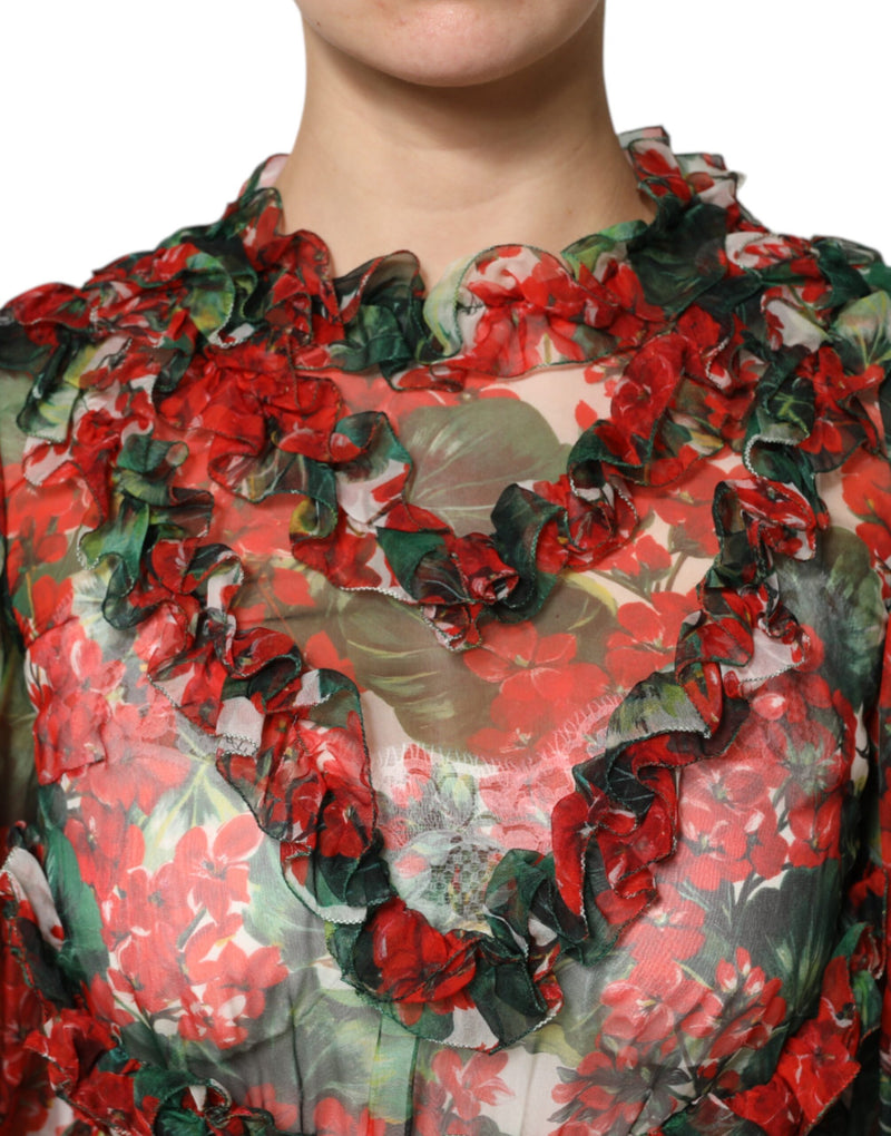 Multicolor sheer silk floral dress with long sleeves and ruffles