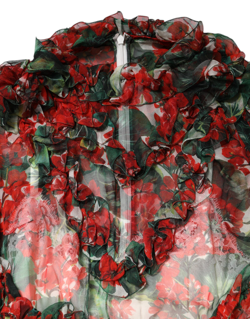 Multicolor floral sheer silk dress with ruffled collar and bodice