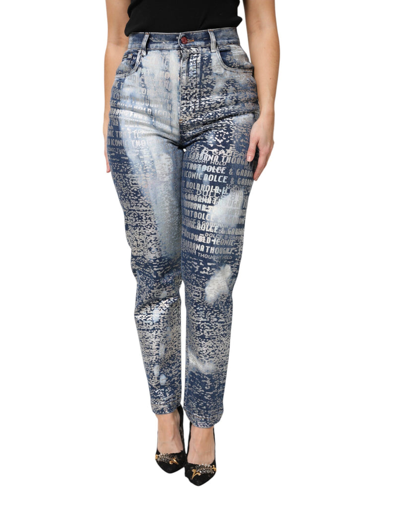 Blue washed high-waist denim jeans with all-over silver printed text design