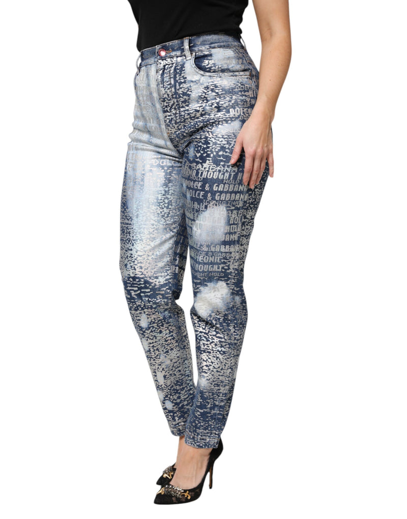 Blue washed print high-waist denim jeans