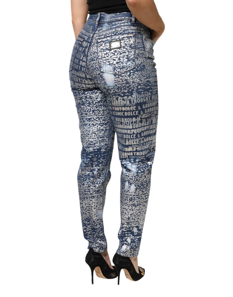 Blue washed high-waist denim jeans with a metallic text print worn from behind