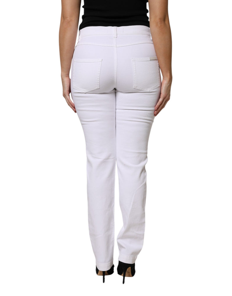 Rear view of white denim jeans on a person standing