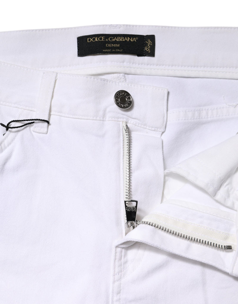 White denim jeans with zip fly and Dolce and Gabbana brand label