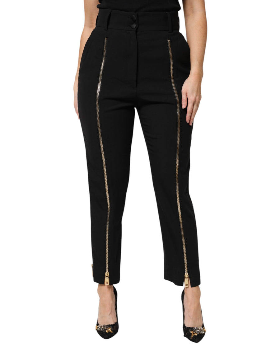 Black wool high-waist tapered pants with long gold front zippers