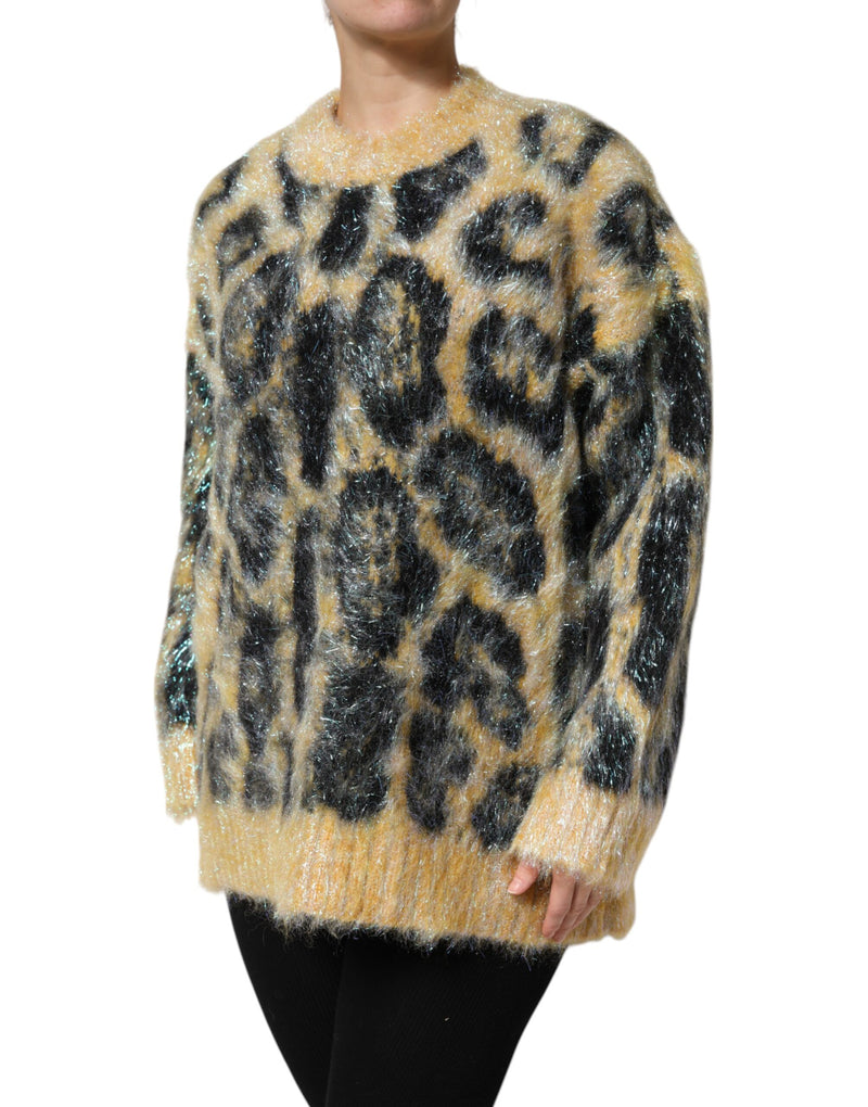 Fuzzy mohair crew neck sweater with a black and yellow leopard print