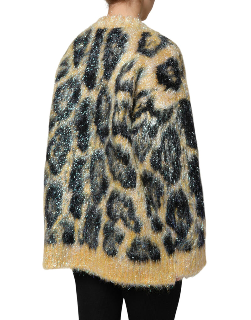 Fuzzy multicolor mohair crew neck sweater with black and yellow leopard print